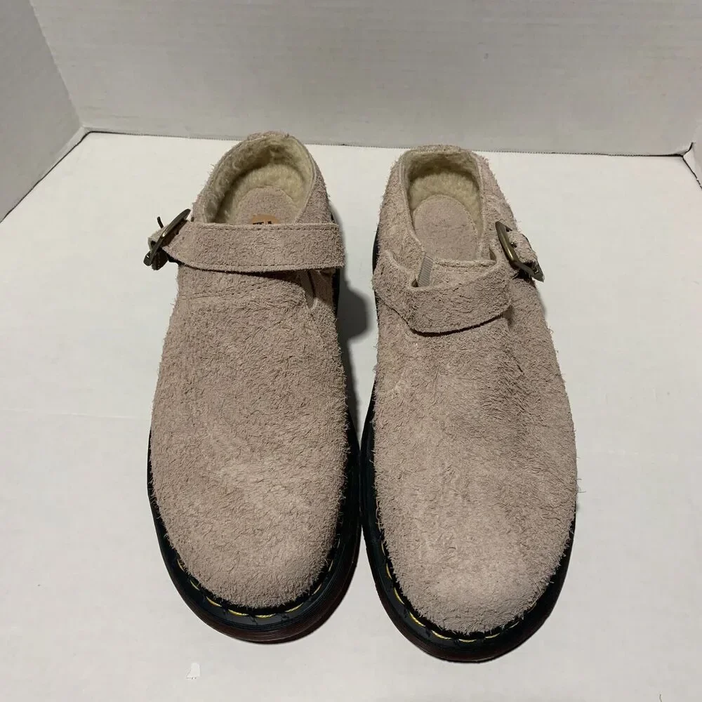 Dr Martens Isham Men's Sz 13 Taupe Long Napped Suede Buckle Fur Lined Clog